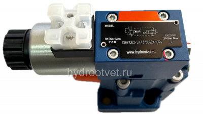 DBW10B2-5X/200CW220-50N9K4 - Предохранительный клапан Ду10 с давлением настройки до 200 бар, управление - X и Y - внутренние с разгрузкой B = открыт с электроуправлением W220